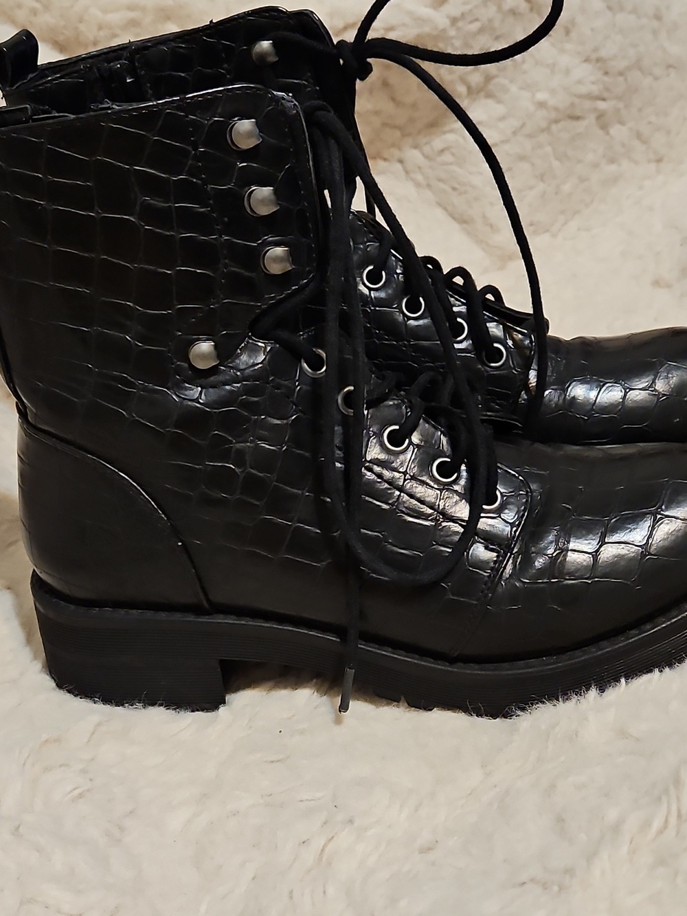 MIA Black Croc-Embossed Lace-Up Combat Boots